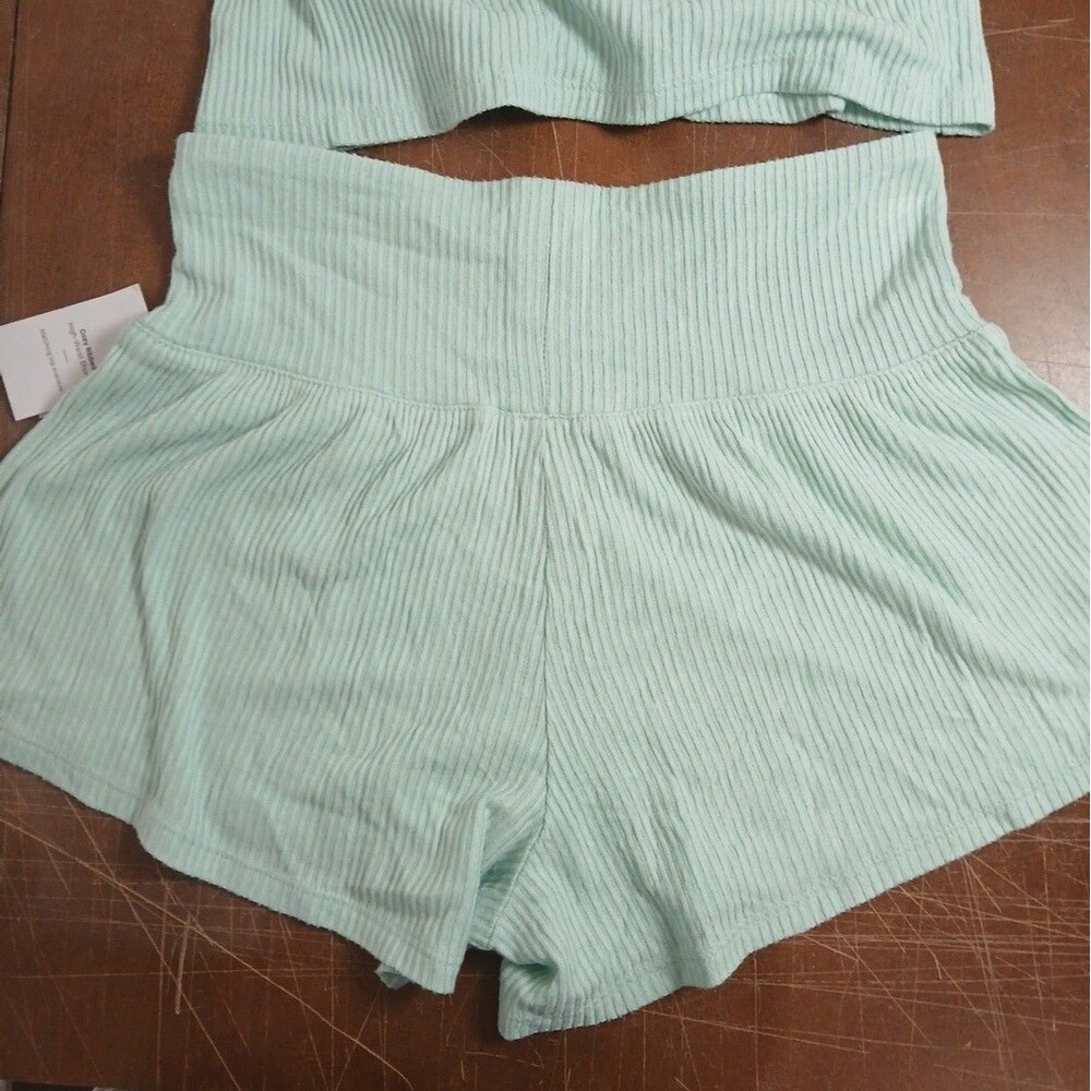 Auden Women's Mint Green Ribbed Pajama Set Shorts and Long Sleeve Cardigan S NWT - Picture 7 of 7